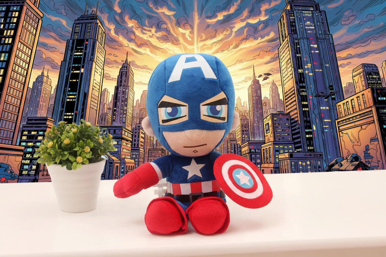 Captain America plush toy holding shield with superhero city skyline background