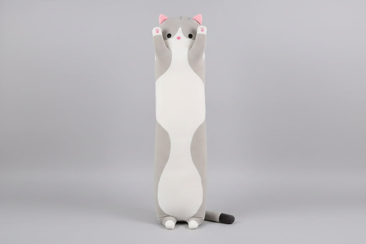 Grey and white standing cat plush toy with raised paws, long body design and cute cartoon face.