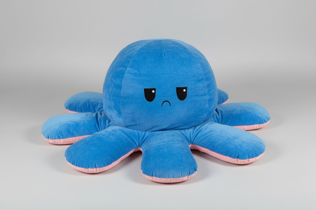 Large blue and pink reversible octopus plush toy with sad face on a white background.