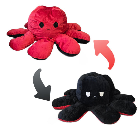 Large reversible octopus plush toy featuring a happy red side and angry black side with flip arrows showing the mood-changing design.