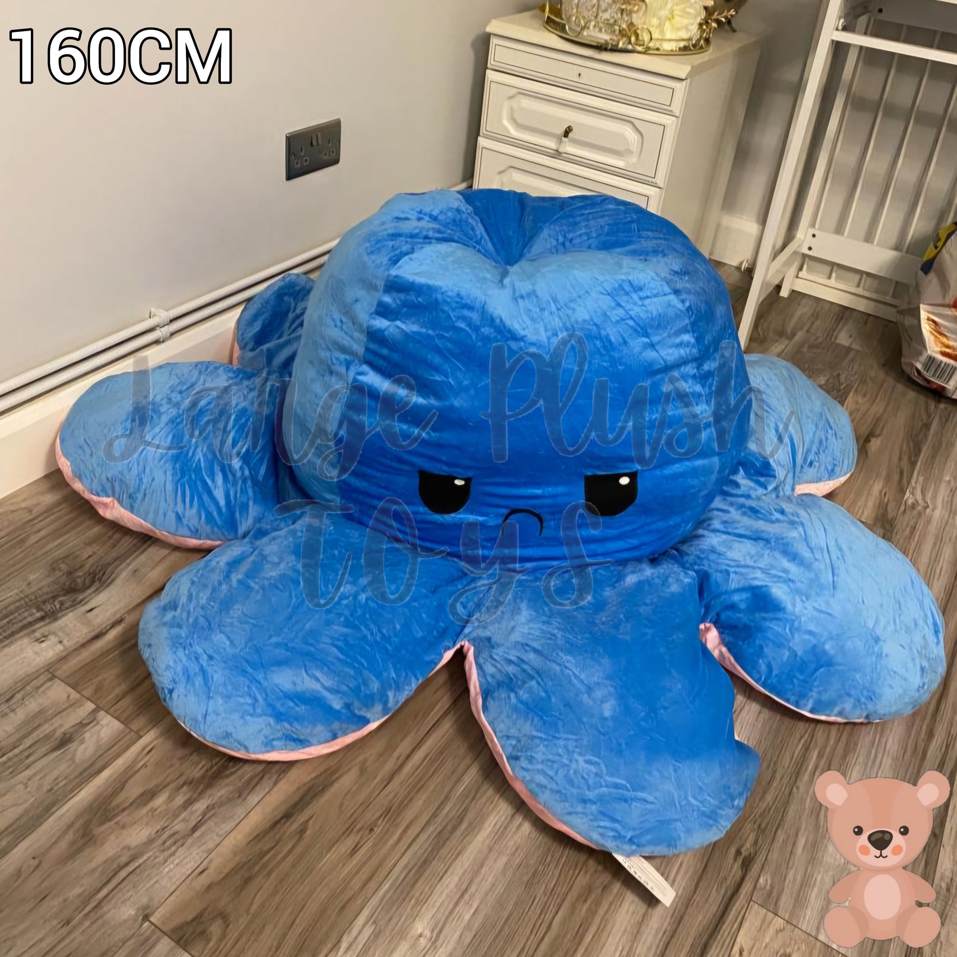 160cm blue and pink reversible octopus plush toy with angry face displayed on a wooden floor.