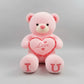 Person holding a large pink teddy bear with 'I Love U' message in a room with wooden shelves.