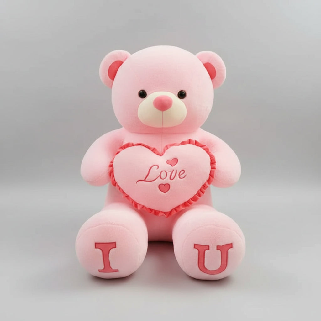 Person holding a large pink teddy bear with 'I Love U' message in a room with wooden shelves.