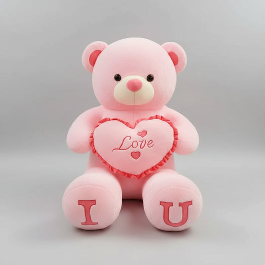 Person holding a large pink teddy bear with 'I Love U' message in a room with wooden shelves.