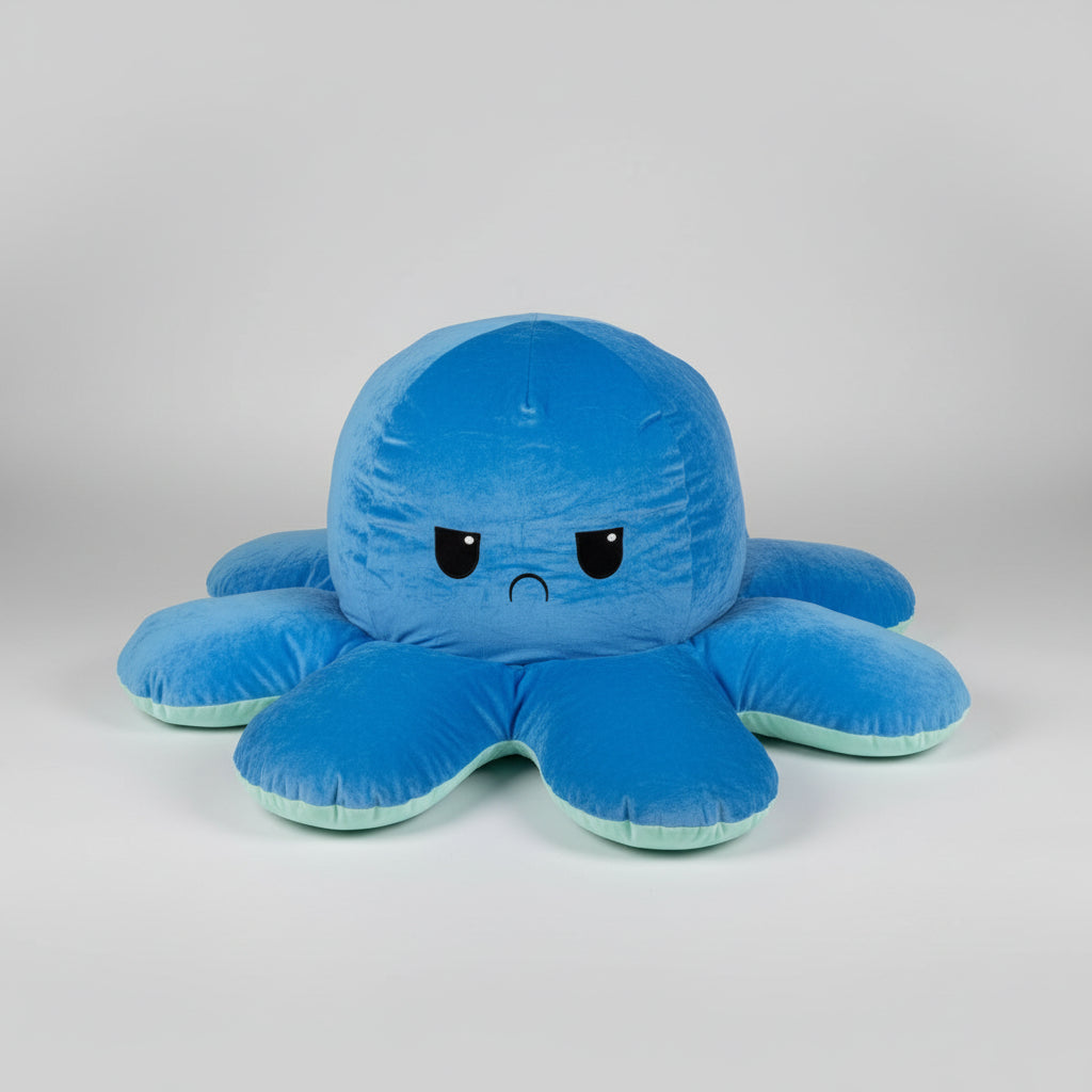 Angry octopus plush toy with soft cushion filling and expressive face for cuddling, sensory play and bedroom decor.
