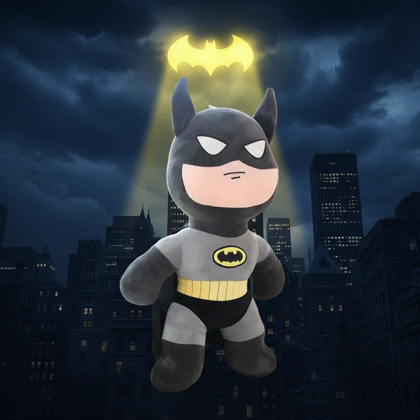 Batman Plush Toy 45cm with Bat Signal shining above Gotham City skyline at night