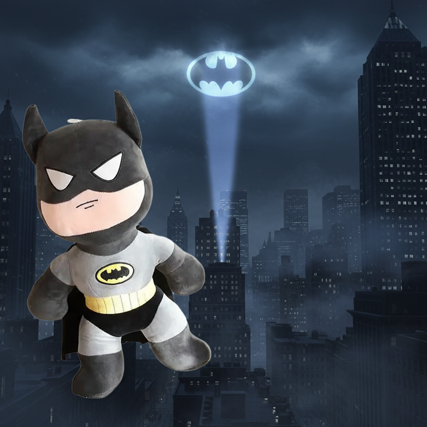Batman Plush Toy 45cm posed above Gotham City skyline with illuminated Bat Signal in the background