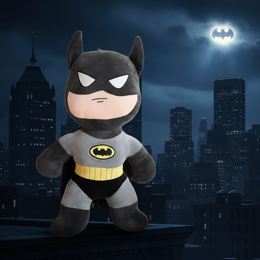 Batman Plush Toy 45cm front view with Gotham City skyline and Bat Signal at night