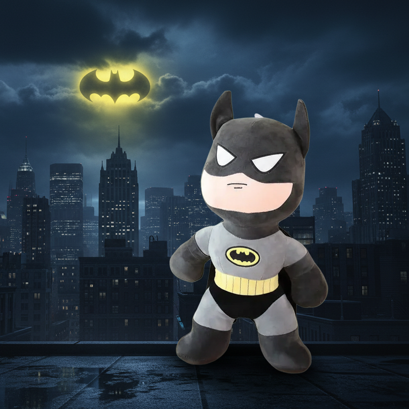 Batman Plush Toy 45cm standing in front of Gotham City skyline with Bat Signal superhero soft toy