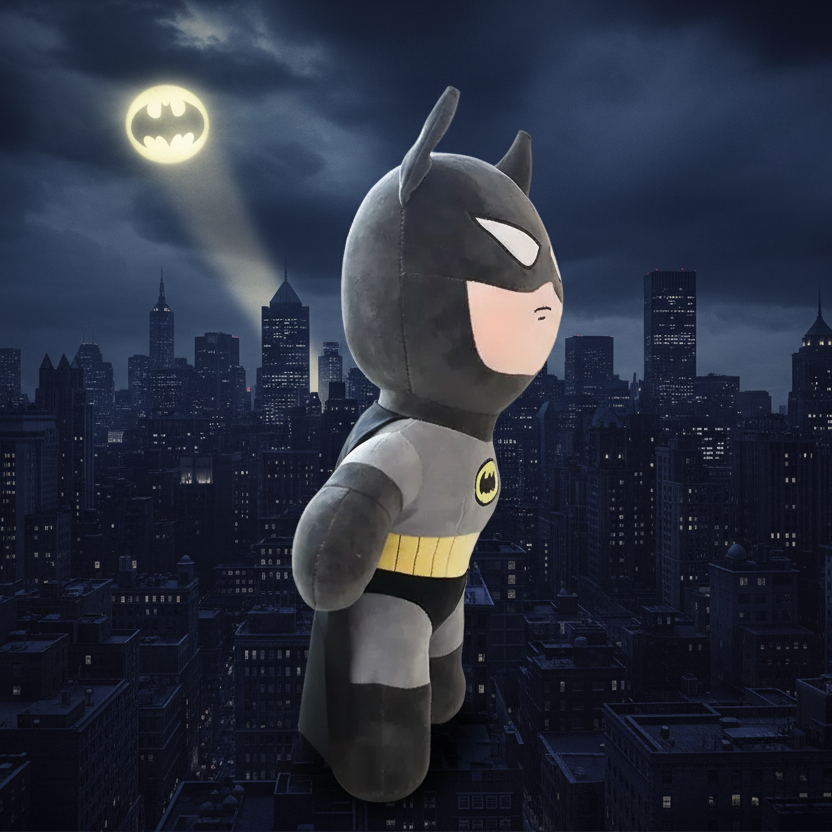 Batman Plush Toy 45cm side view with Gotham City skyline and Bat Signal background