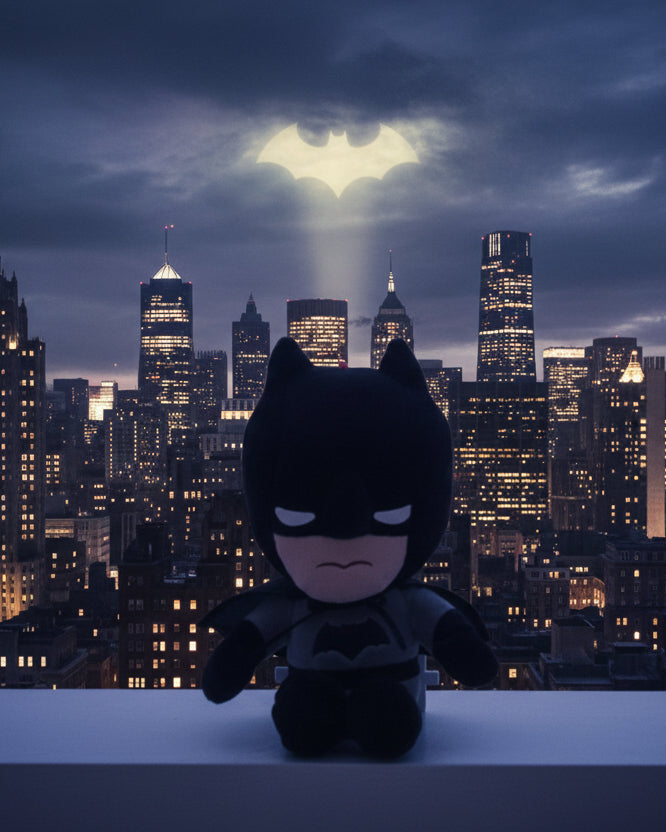Batman plush toy displayed in front of Gotham City skyline at night with illuminated city lights
