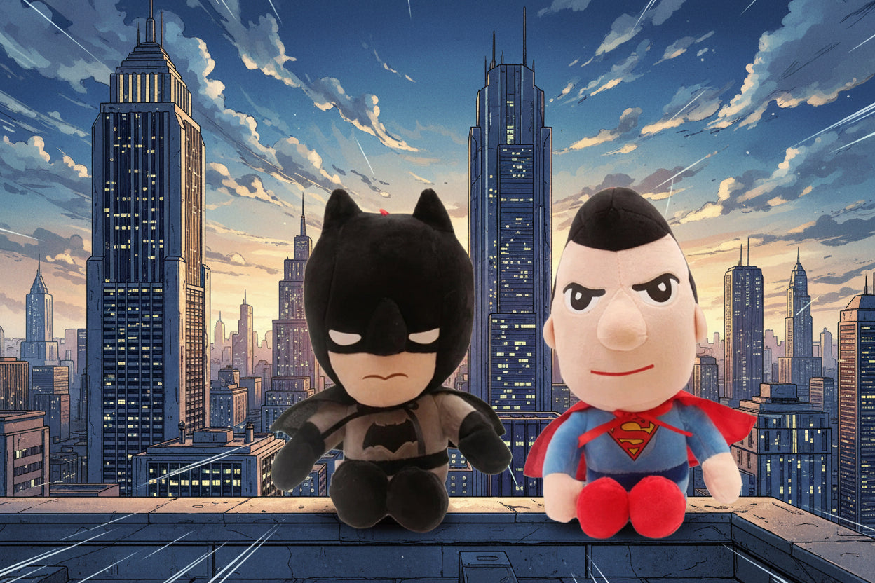 Batman and Superman plush toys displayed together with a city skyline background