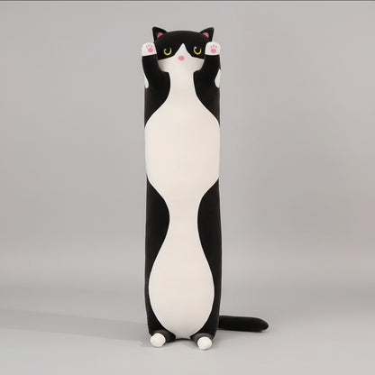 Black and white standing cat plush toy with raised paws, long body and cute cartoon expression.