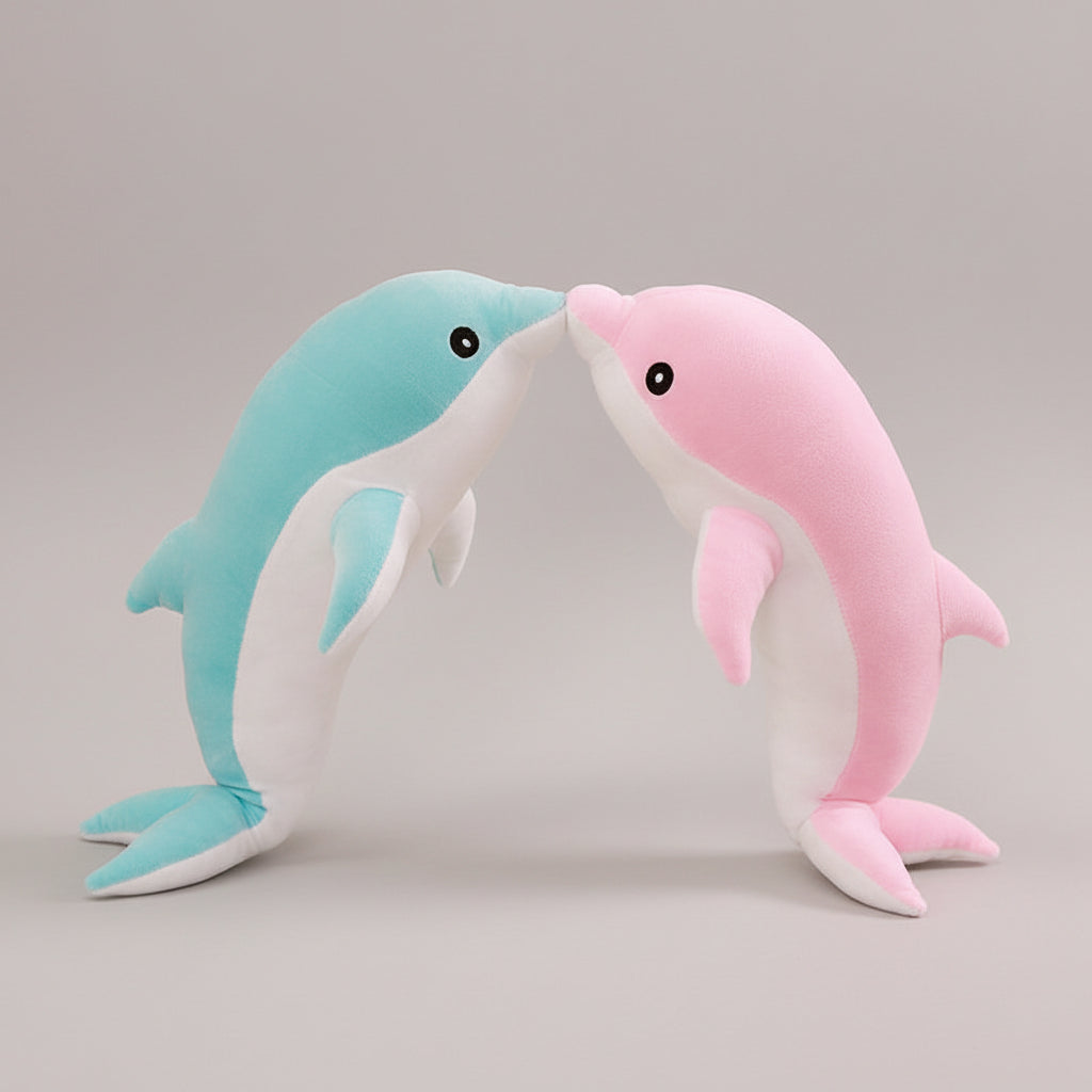 Blue and pink dolphin plush toys standing nose to nose on a light neutral background
