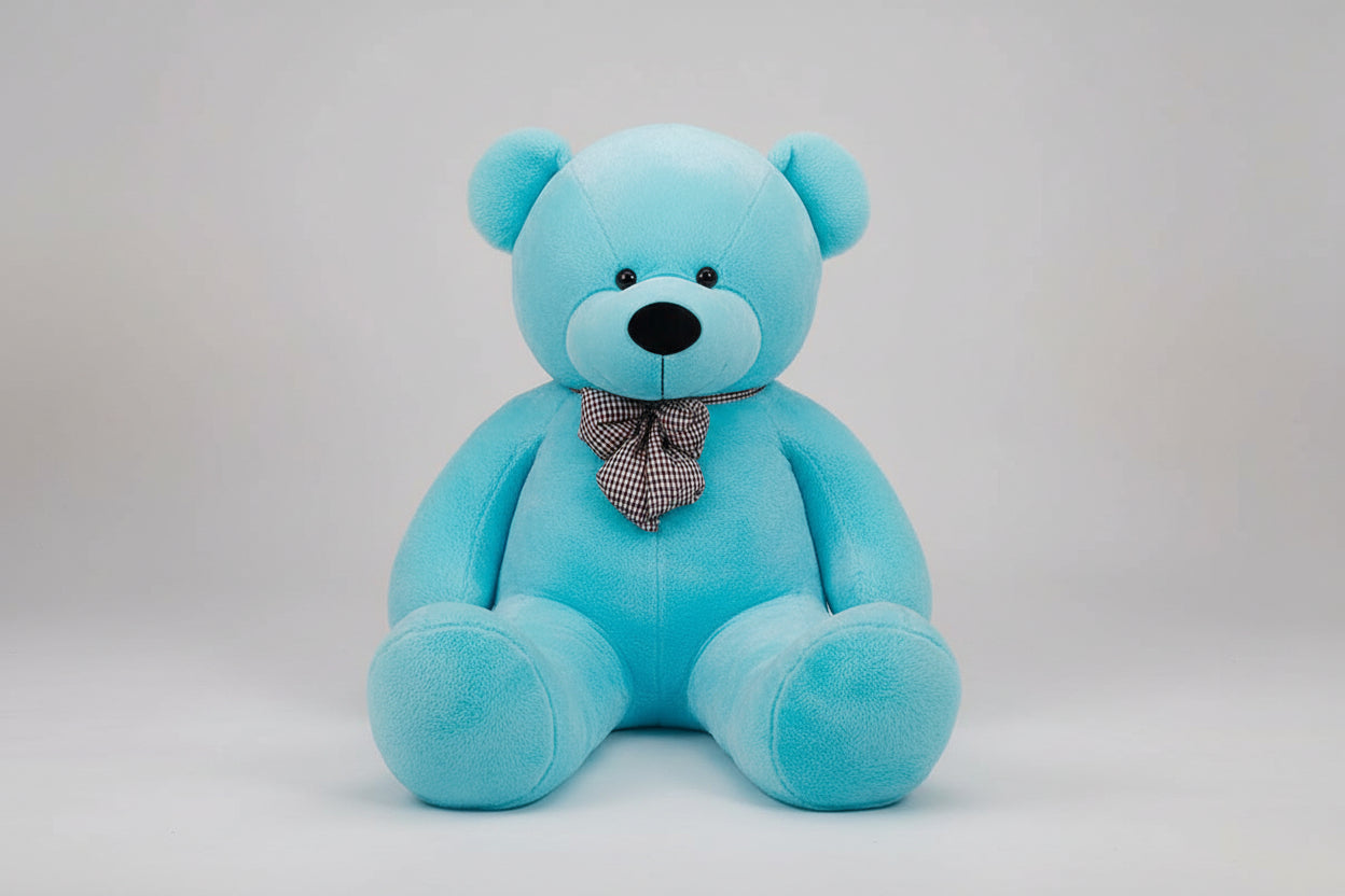 Large blue teddy bear plush toy with decorative bow tie soft stuffed animal gift for children and adults.