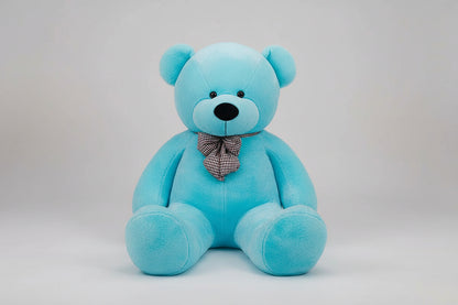 Large blue teddy bear plush toy with decorative bow tie soft stuffed animal gift for children and adults.
