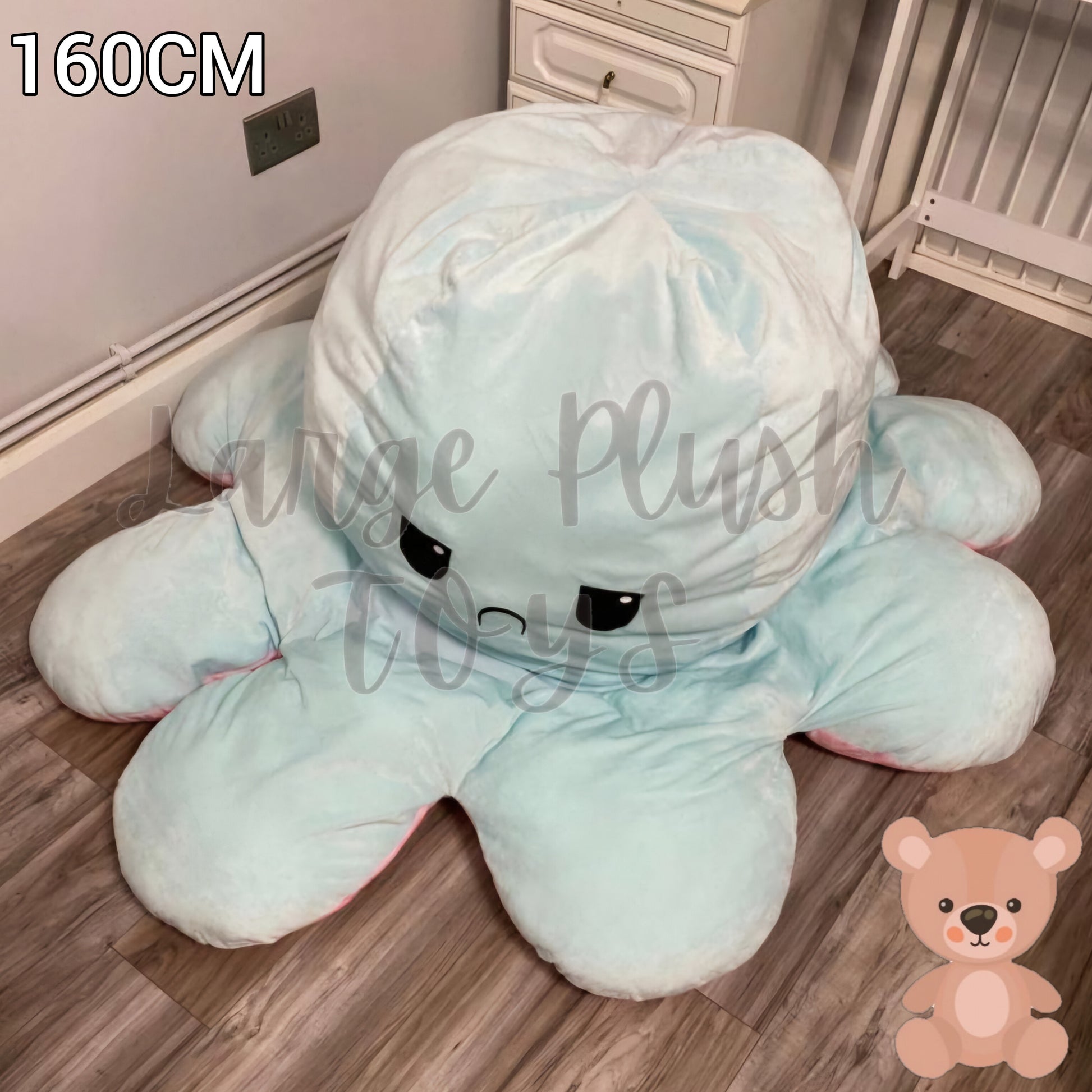 160cm blue and pink reversible octopus plush toy with angry face displayed on a wooden floor.