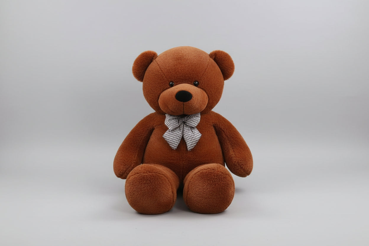 Large brown teddy bear plush toy with decorative bow tie soft stuffed animal gift for children and adults.