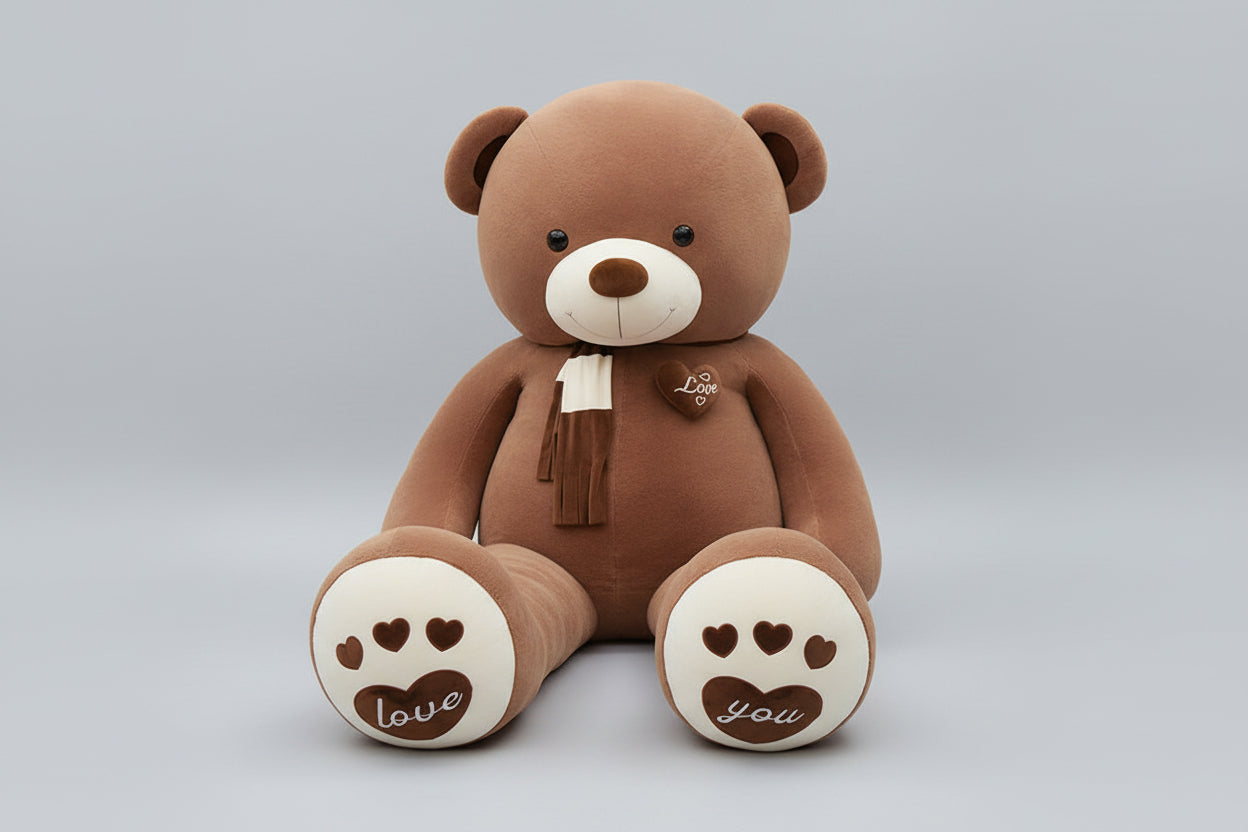 Brown teddy bear plush toy with love heart details, soft scarf and embroidered paw design.