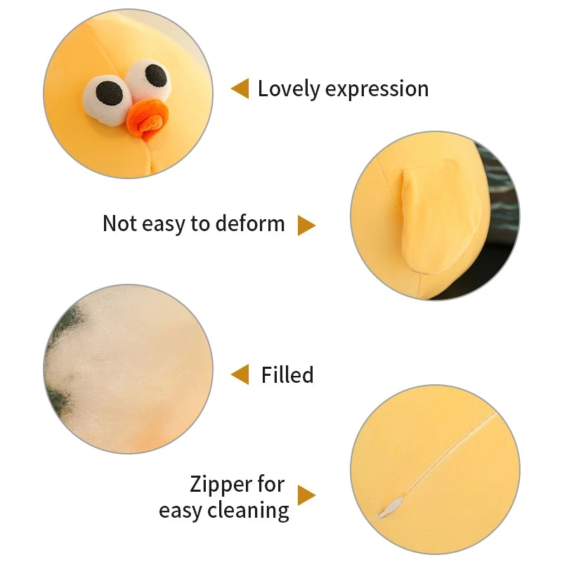 Chicken plush toy feature overview showing embroidered face, soft filling, durable wing stitching and hidden zipper for easy cleaning.