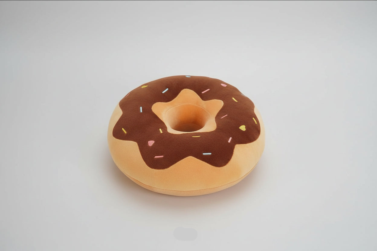 Chocolate donut plush pillow with colourful sprinkles and soft stuffed cushion design.
