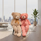 Two teddy bear plush toys in beige and pink colours sitting together in a modern living room with large windows