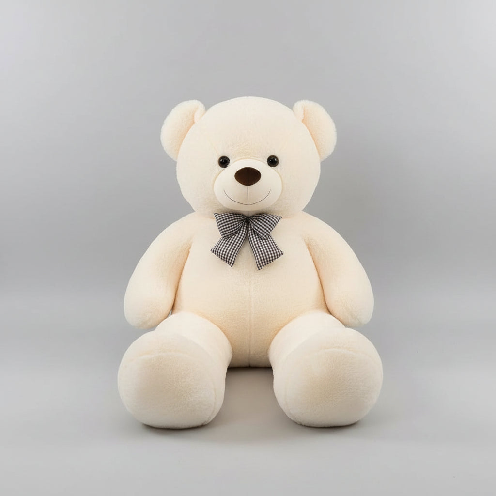 Large cream teddy bear plush toy with decorative bow tie soft stuffed animal gift for children and adults.