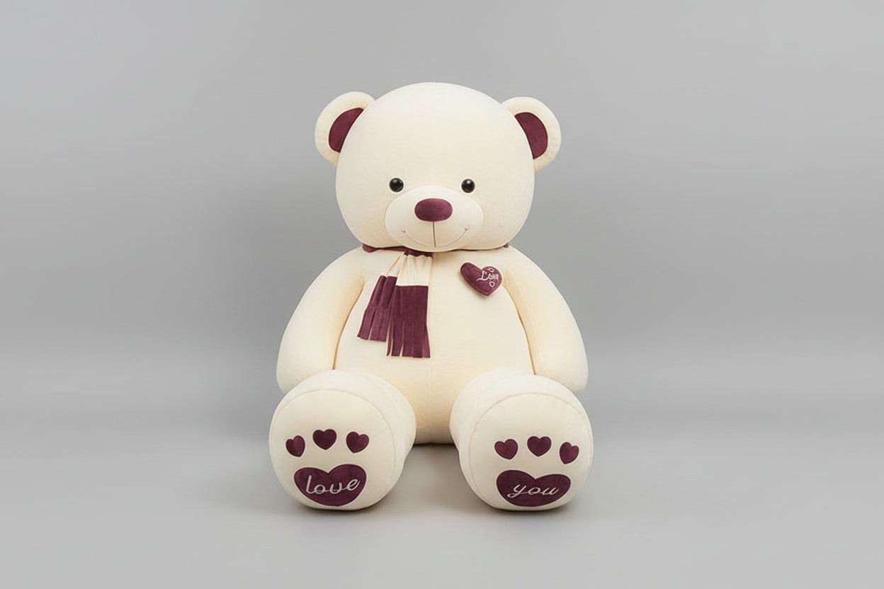 Cream teddy bear plush toy with love heart details, soft scarf and embroidered paw design.