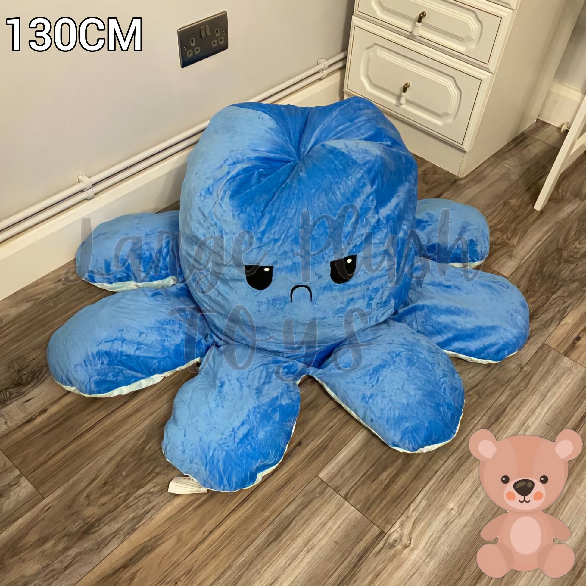 130cm extra large angry octopus plush toy with reversible flip inside out emotion design for cuddling, sensory play and bedroom decor.
