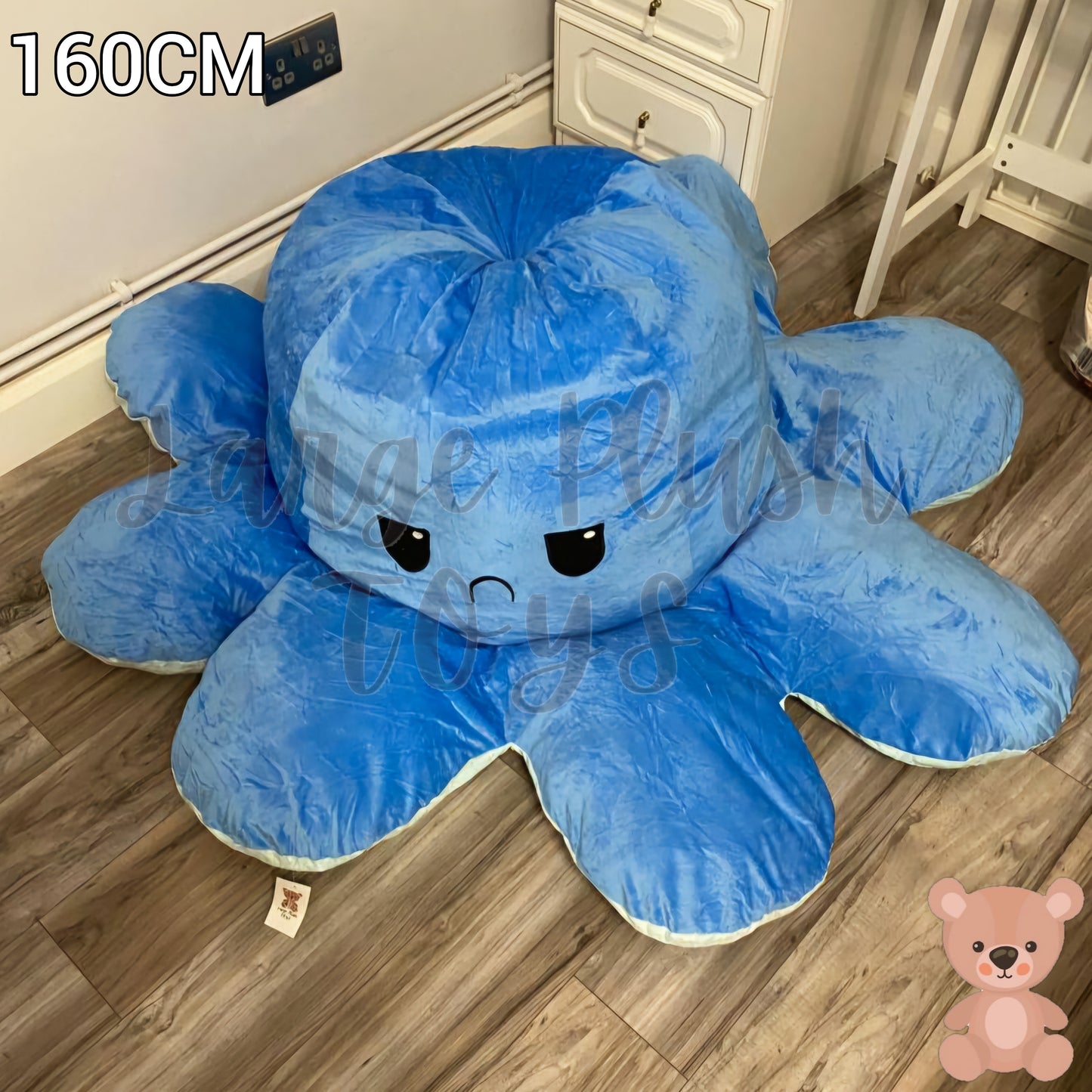 160cm giant angry octopus plush toy with reversible flip inside out emotion design for cuddling, sensory play and bedroom decor.