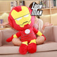 Large Iron Man Marvel Avengers plush toy sitting on a sofa with soft stuffed superhero character design.