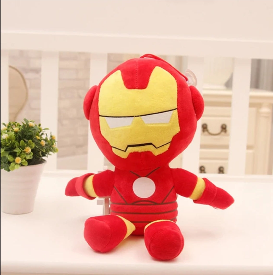 Ironman plush toy character sitting on display with red and gold superhero costume