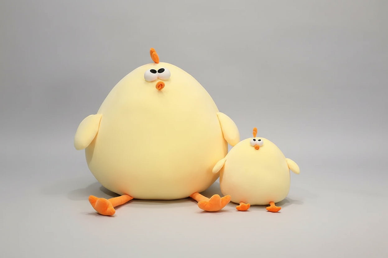 Large and small yellow chicken plush toys sitting together with soft stuffed design and orange feet.