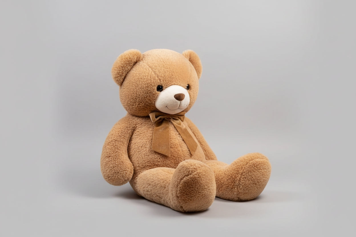 Large brown teddy bear plush toy with a brown bow sitting on a light grey background