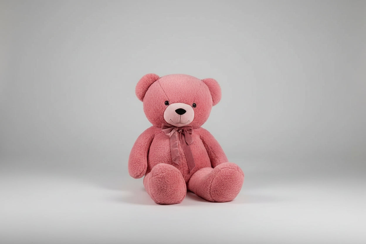 Large pink teddy bear plush toy with a satin bow sitting on a grey background