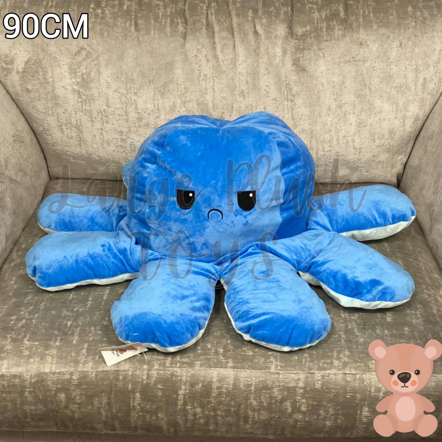 90cm large reversible angry octopus plush toy with flip inside out emotion design for cuddling, sensory play and bedroom decor.
