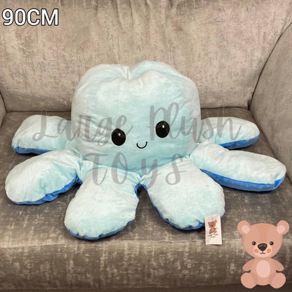 90cm large reversible octopus plush toy with flip inside out emotion design for cuddling, sensory play and bedroom decor.