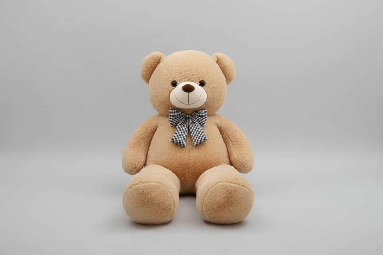 Large light beige teddy bear plush toy with decorative bow tie soft stuffed animal gift for children and adults.