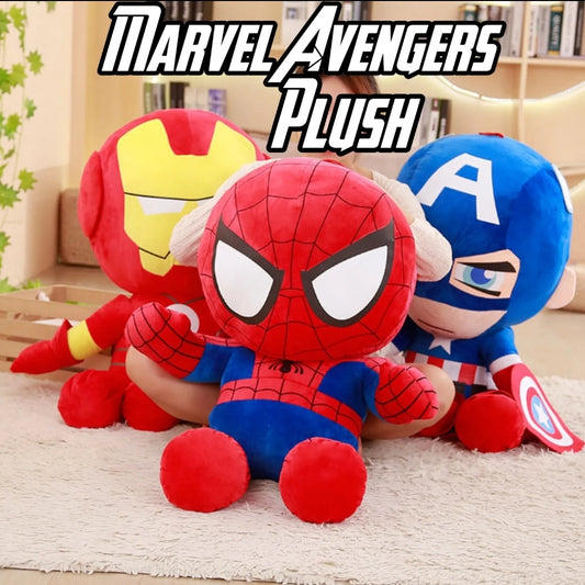 Marvel Avengers plush toy collection featuring Spider-Man, Iron Man and Captain America soft stuffed characters.