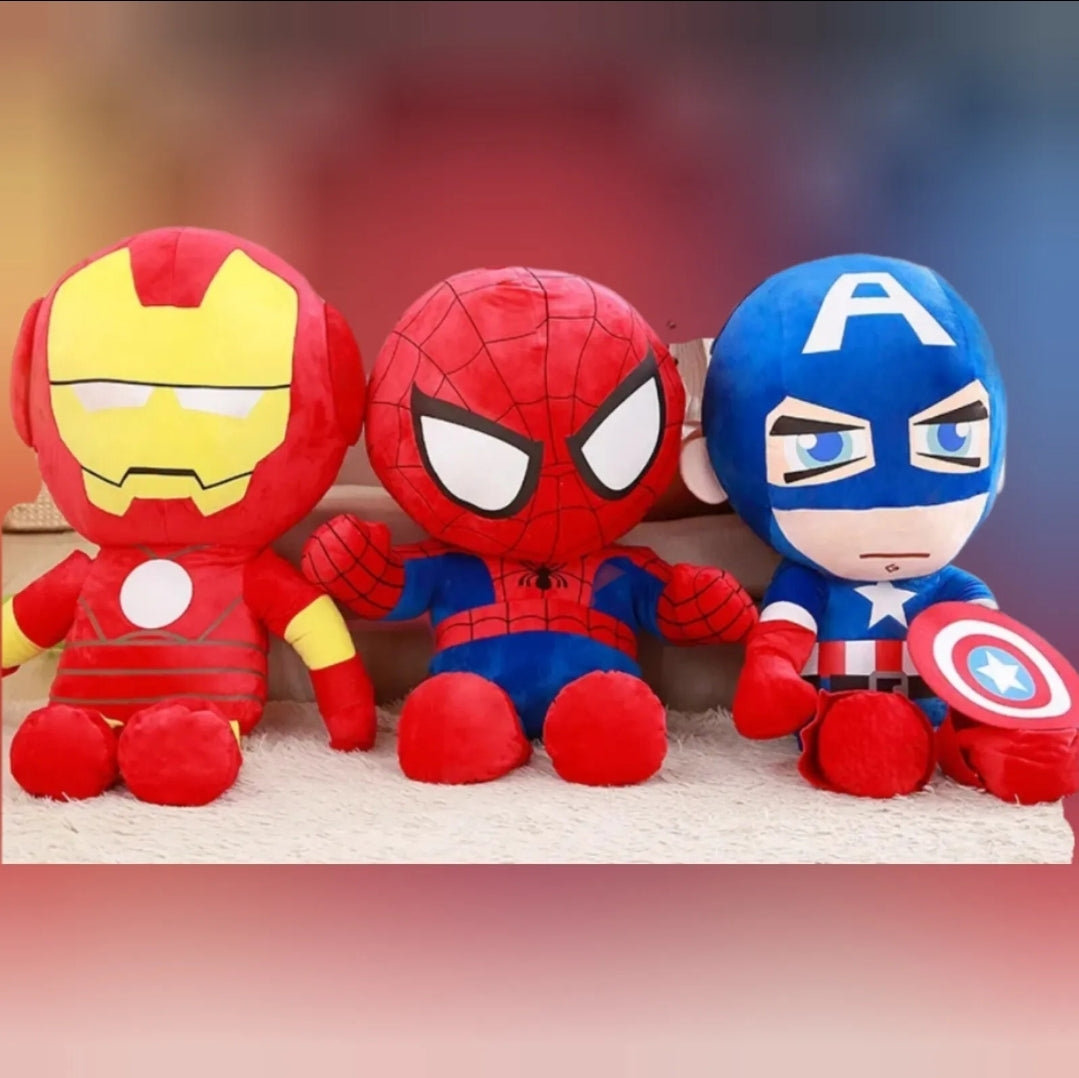 Marvel superhero plush toys featuring Spider-Man, Iron Man and Captain America soft stuffed characters.