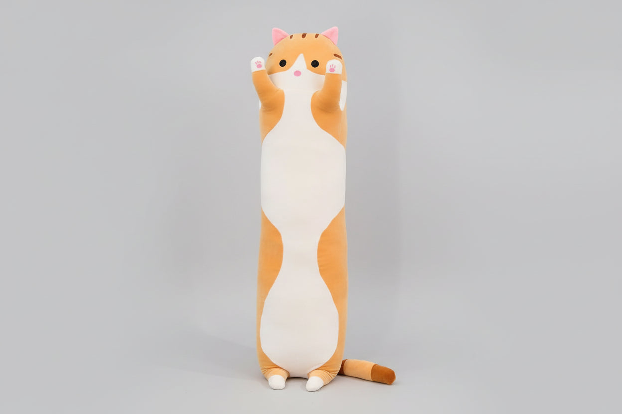 Orange and white standing cat plush toy with raised paws, long body design and cute cartoon face.