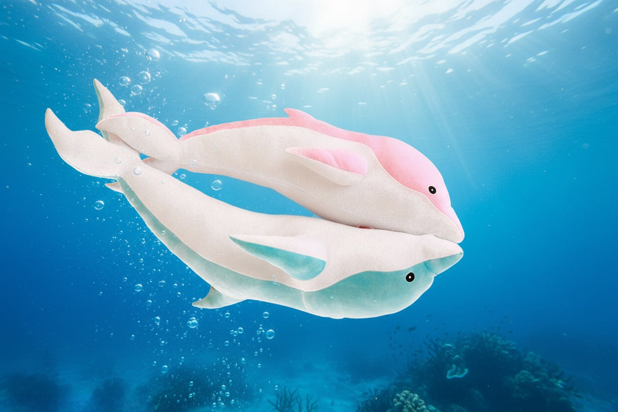 Pink and blue dolphin plush toys swimming underwater with ocean bubbles and coral reef background.