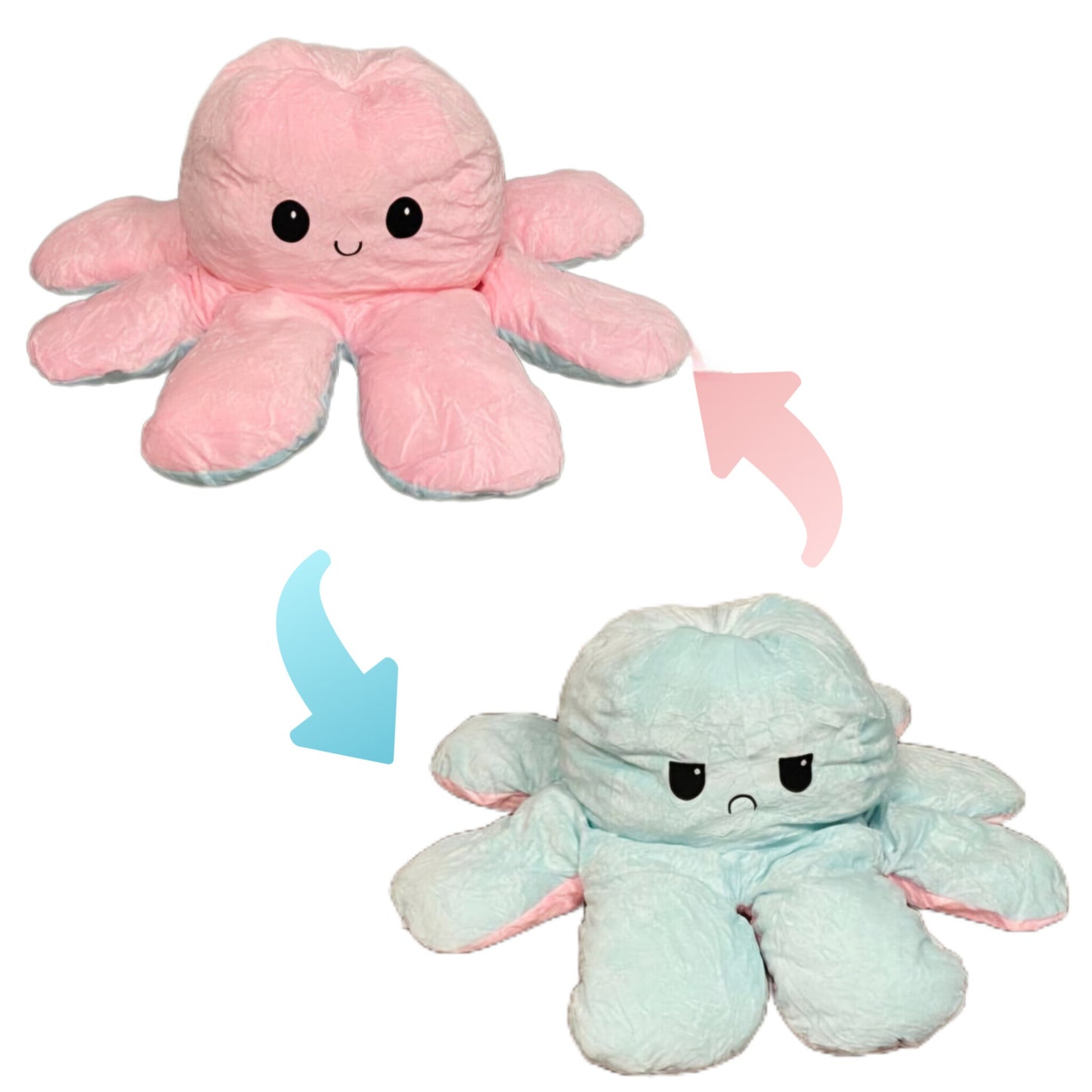 Pastel pink and blue reversible octopus plush toy showing happy and angry expressions with flip design.