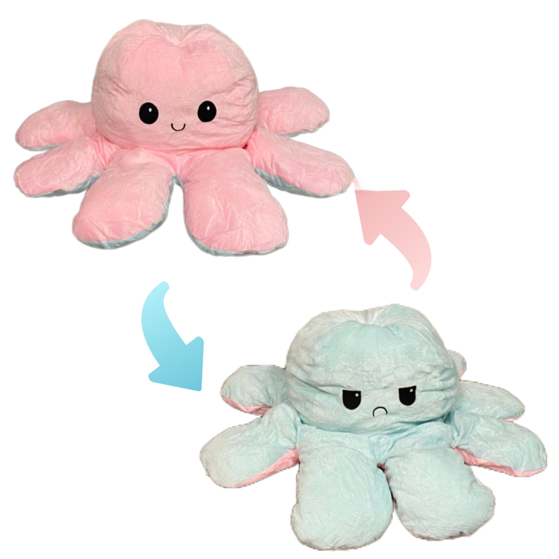 Pastel pink and blue reversible octopus plush toy showing happy and angry expressions with flip design.