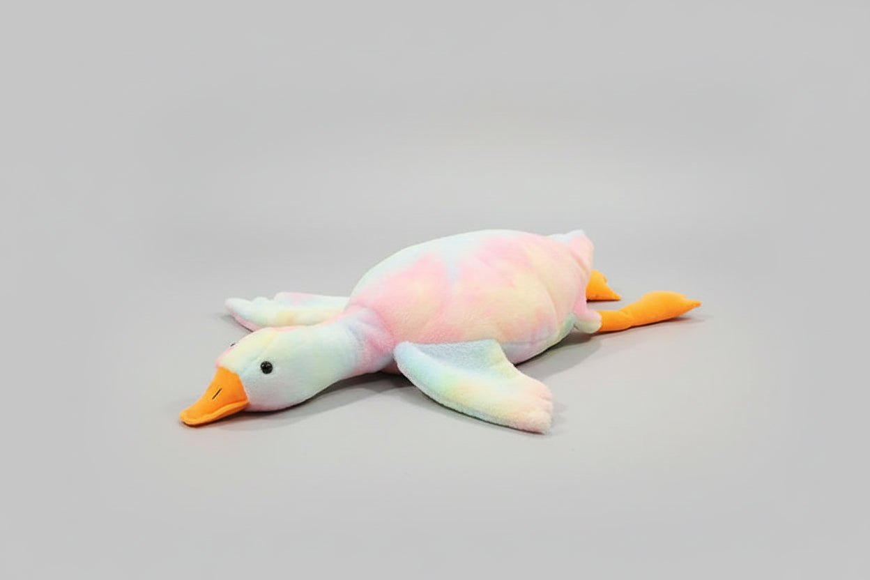 Pastel rainbow giant goose plush toy pillow with soft stuffing and long body design for cuddling, sleeping and bedroom decor.