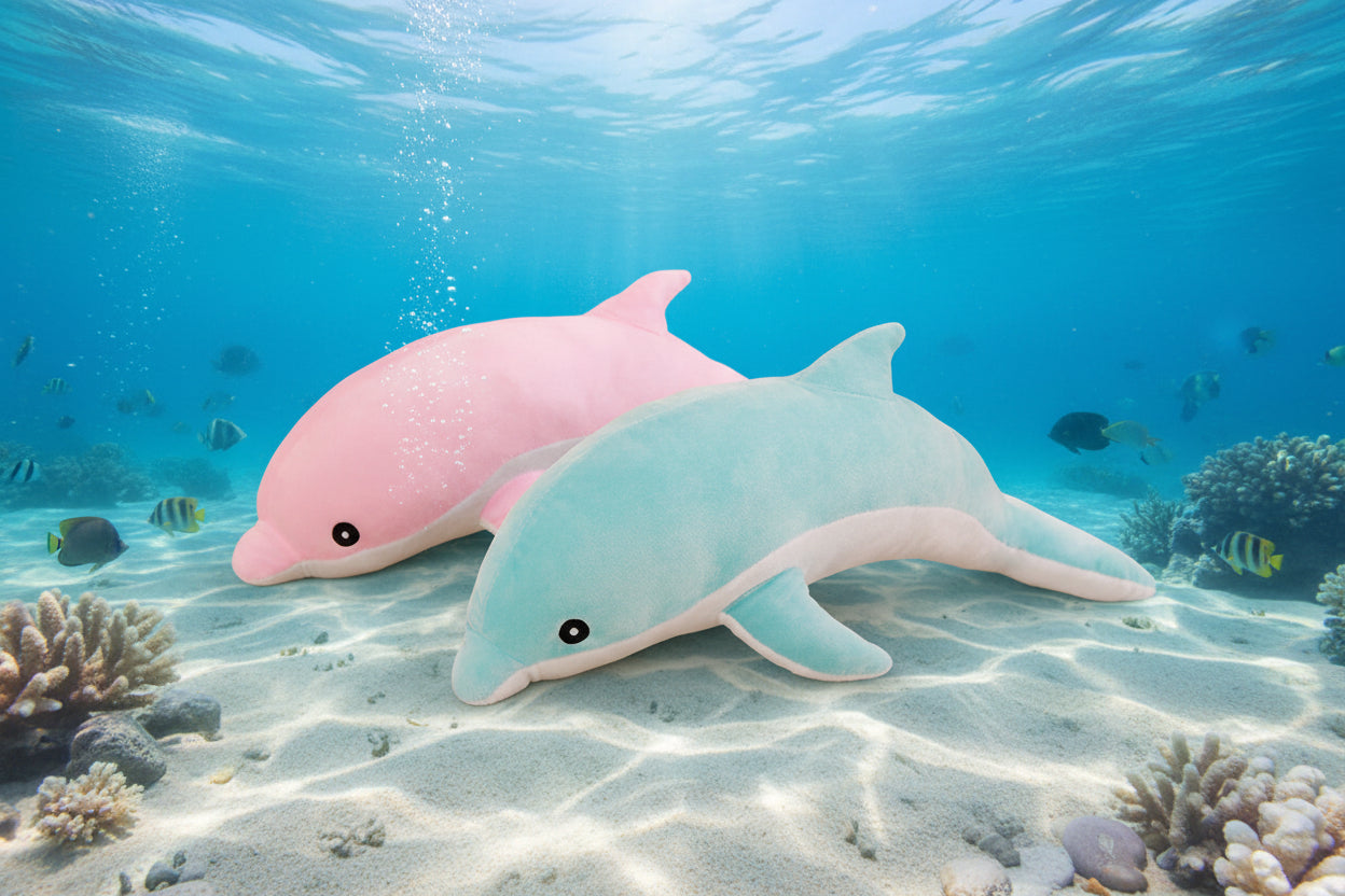 Pink and blue dolphin plush toys displayed in an underwater ocean scene with coral reef and tropical fish
