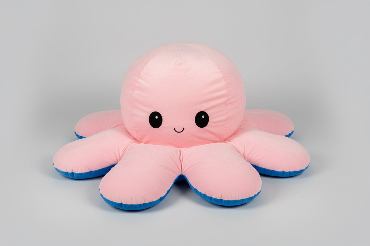 Pink and blue reversible octopus plush toy with happy face on a white background.