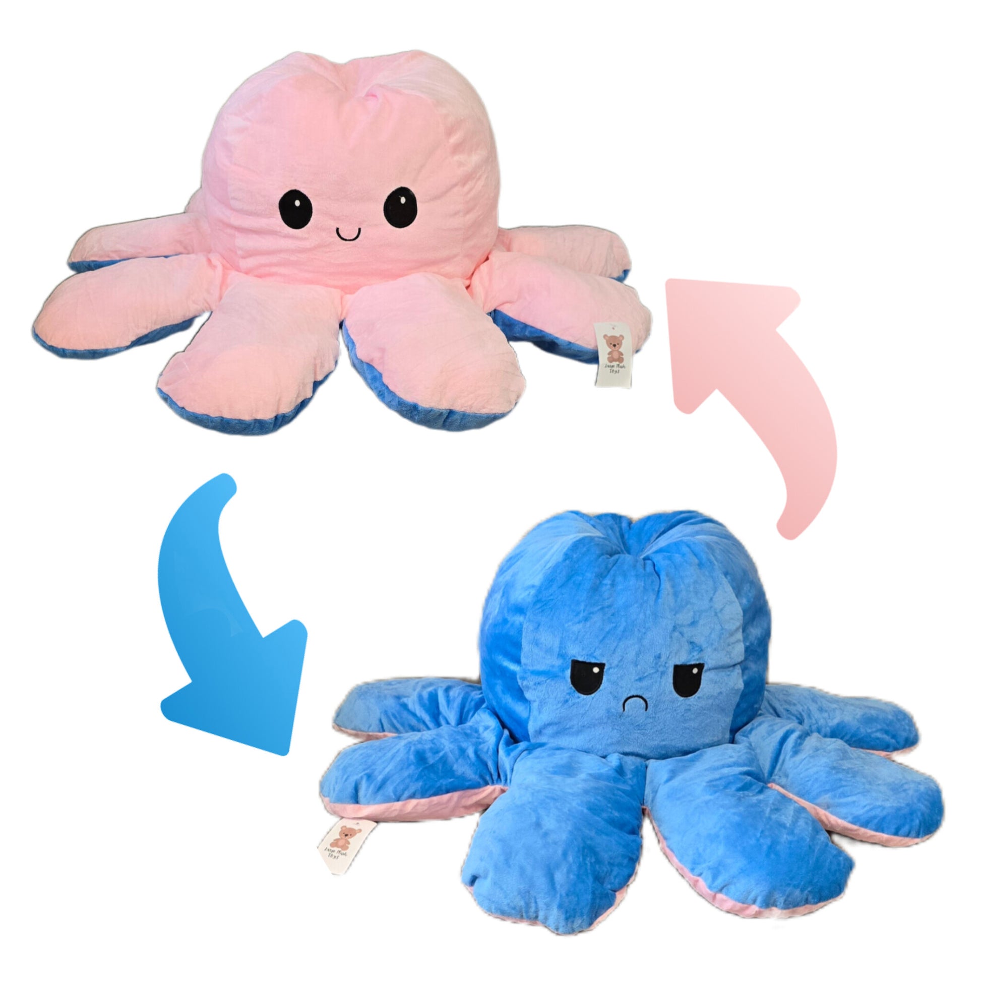Pink and blue reversible octopus plush toy showing happy and angry expressions with flip arrows on a white background.