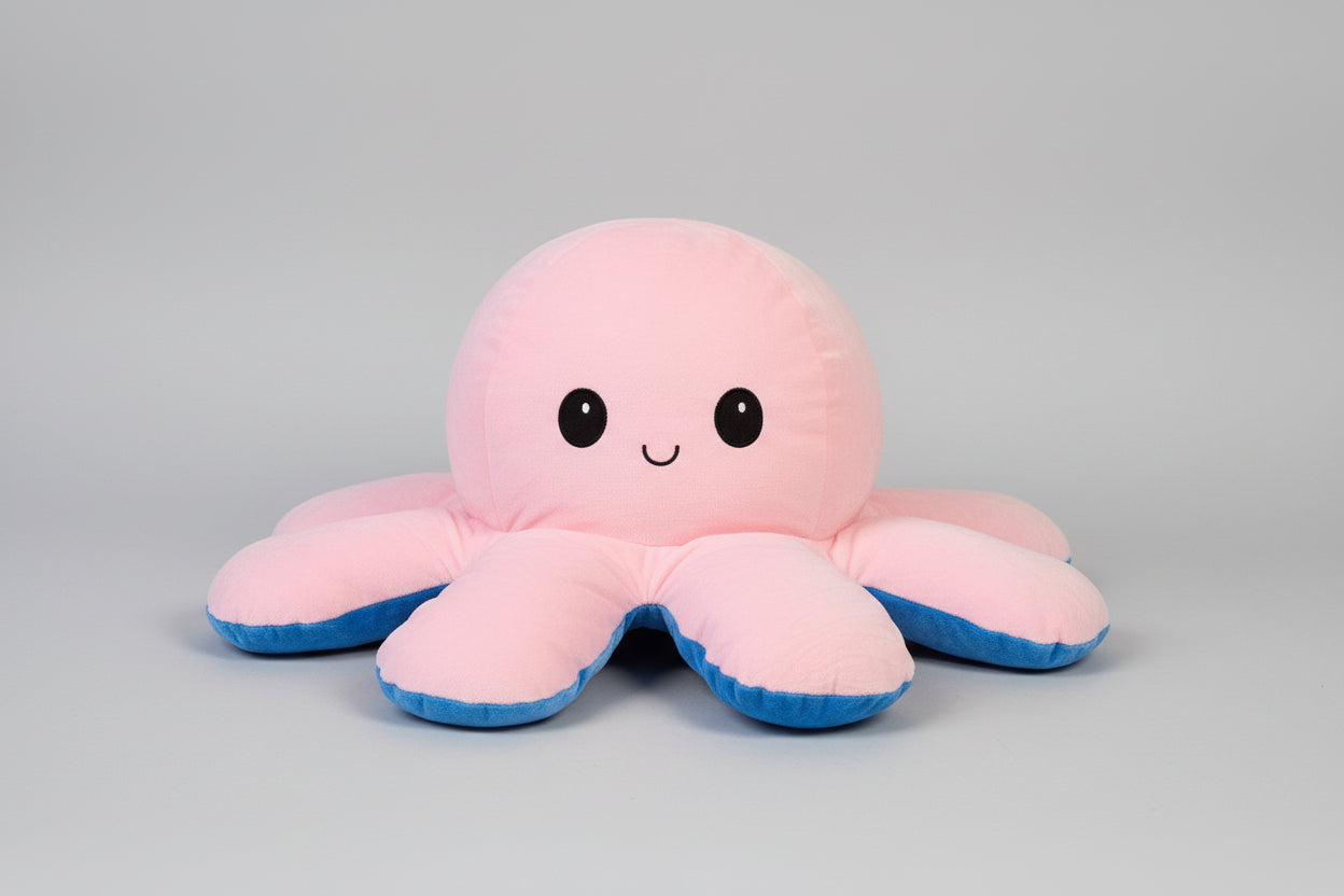 Pink and blue reversible octopus plush toy with happy face on a white background.