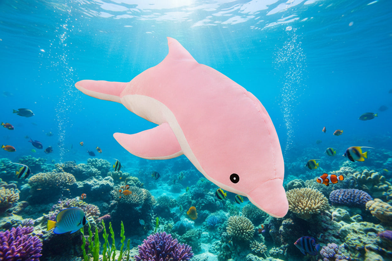 Pink dolphin plush toy swimming above a colourful coral reef with tropical fish in an underwater ocean scene.